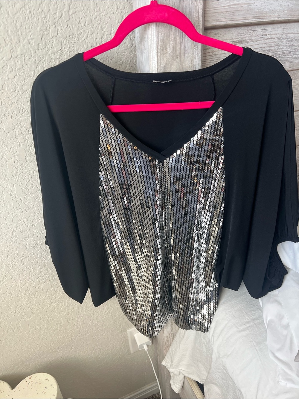 Charming Charlie Black Top with Silver Sequin Front